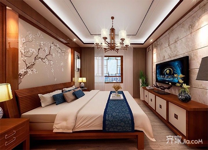 大户型,20万以上装修,复式装修,140平米以上装修,中式风格,卧室,卧室背景墙,电视背景墙,暖色调