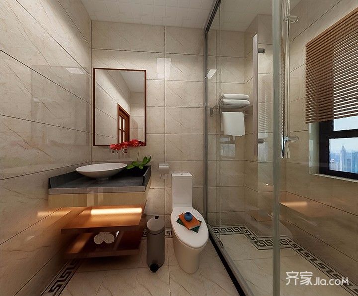 大户型,20万以上装修,复式装修,140平米以上装修,中式风格,卫生间,隔断,米色