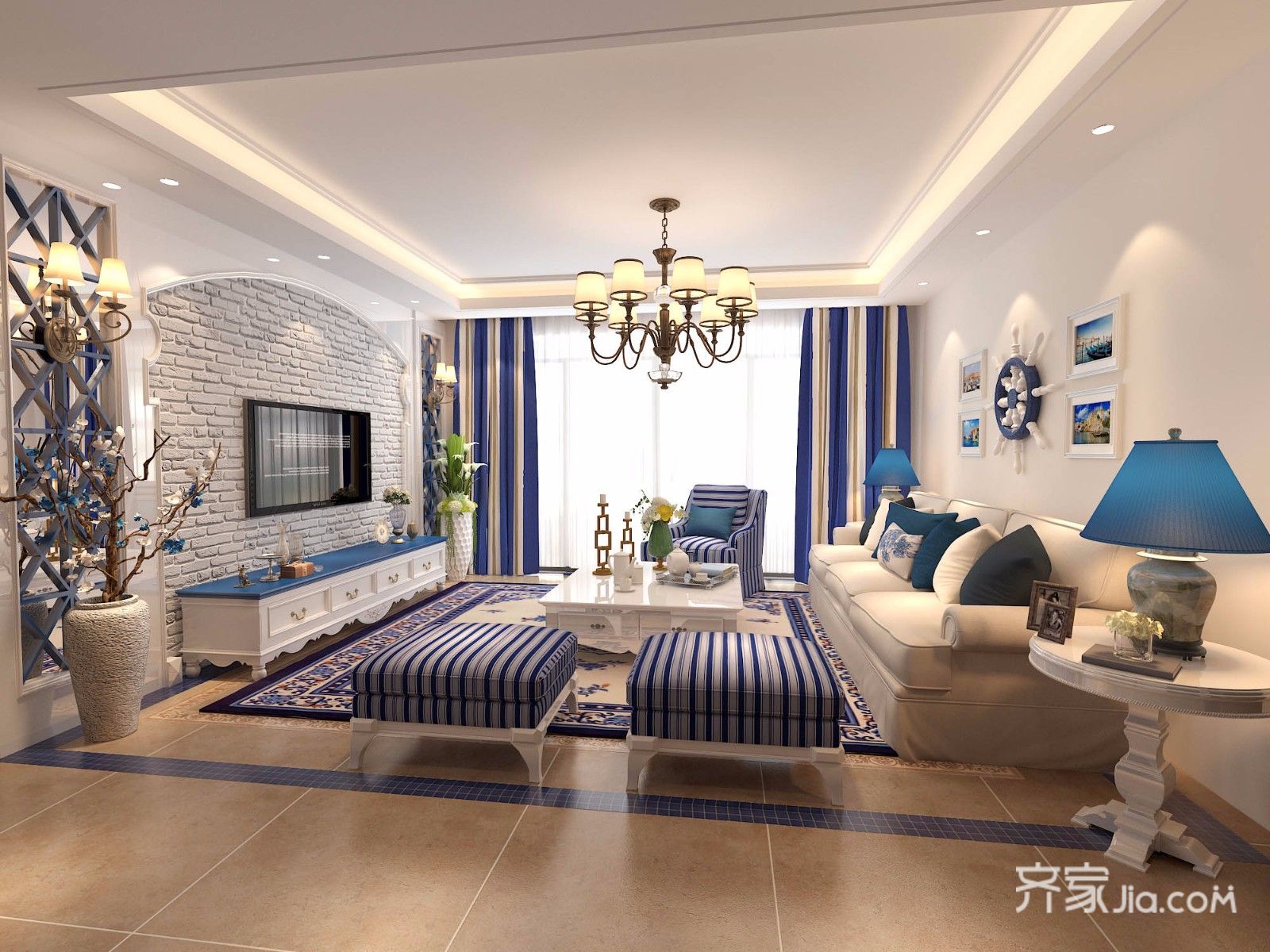 地中海风格两居室客厅装修效果图