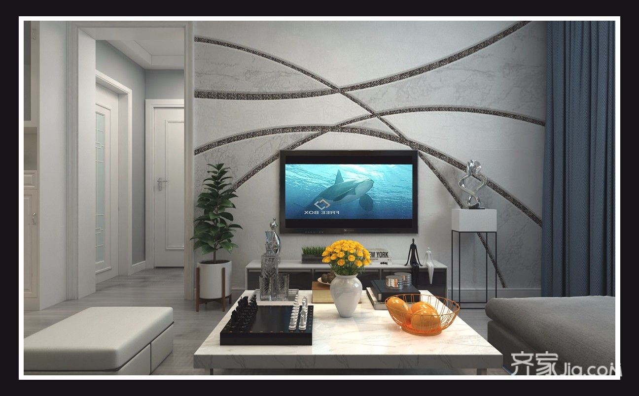 75平现代简约两居装修电视背景墙设计图