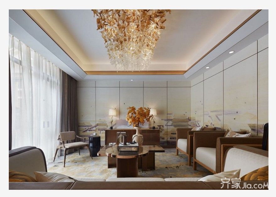 别墅装修,20万以上装修,复式装修,140平米以上装修,中式风格,客厅,吊顶,灯具,暖色调
