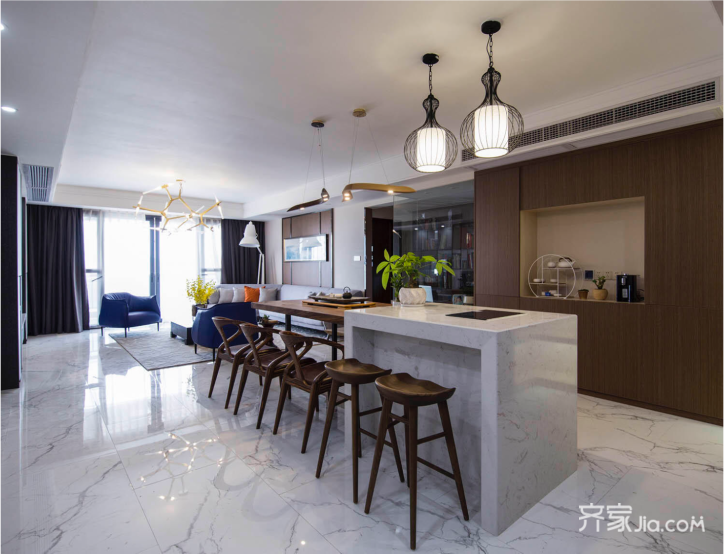 大户型,10-15万装修,四房装修,140平米以上装修,简约风格,餐厅,吧台,餐桌,白色,原木色