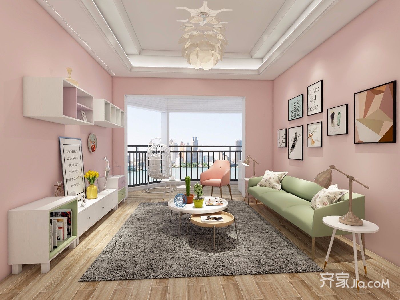 5-10万装修,二居室装修,80平米装修,简约风格,客厅,沙发背景墙,粉色