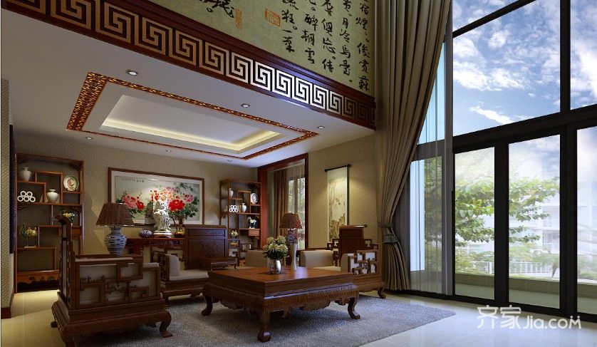 大户型,豪华型装修,140平米以上装修,中式风格,客厅,原木色,沙发背景墙