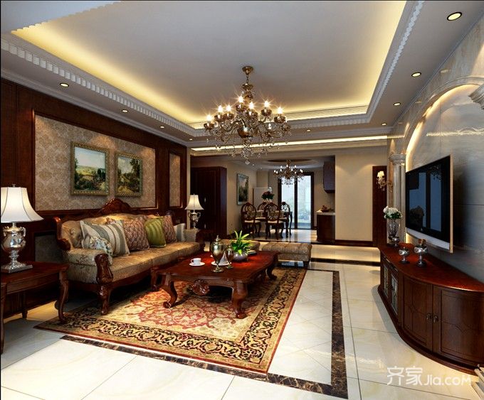 20万以上装修,大户型,四房装修,140平米以上装修,欧式风格,客厅,电视背景墙,沙发背景墙,暖色调