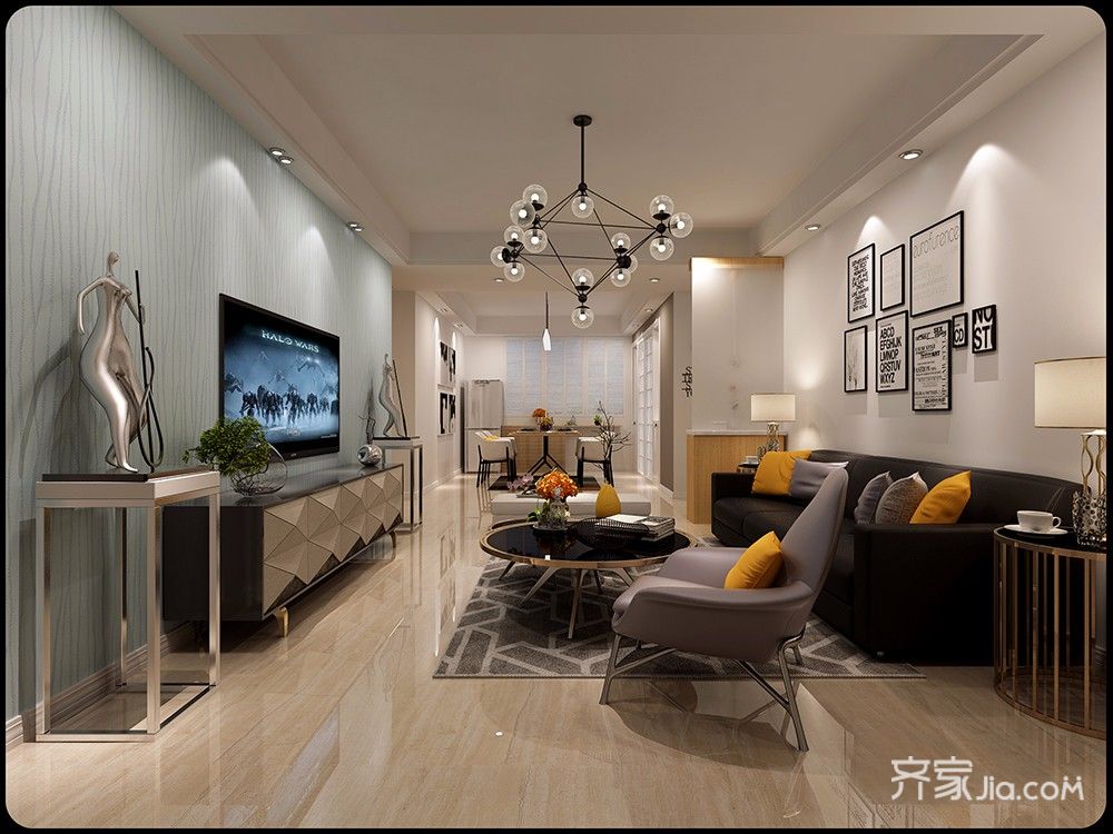 经济型装修,三居室装修,120平米装修,简约风格,客厅,冷色调,沙发背景墙,电视背景墙