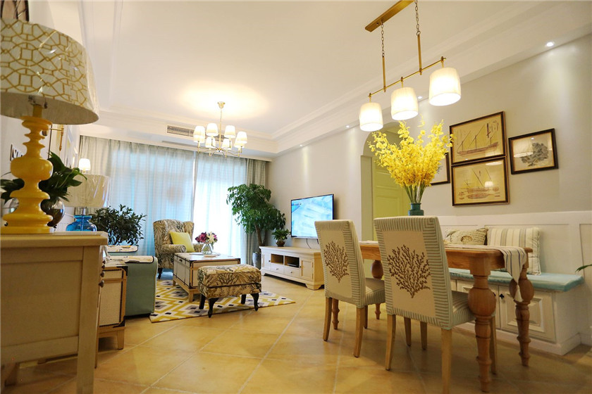 90平米装修,二居室装修,10-15万装修,美式风格,客厅,餐厅,灯具,吊顶