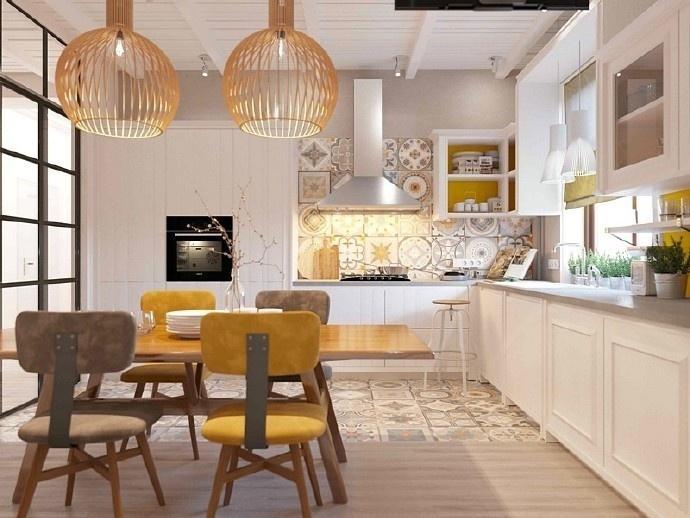 厨房的设计还是以简洁的L型开放式厨房，白色的橱柜，简单的餐桌。