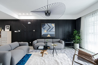 现代简约大户型黑色沙发背景墙装修效果图