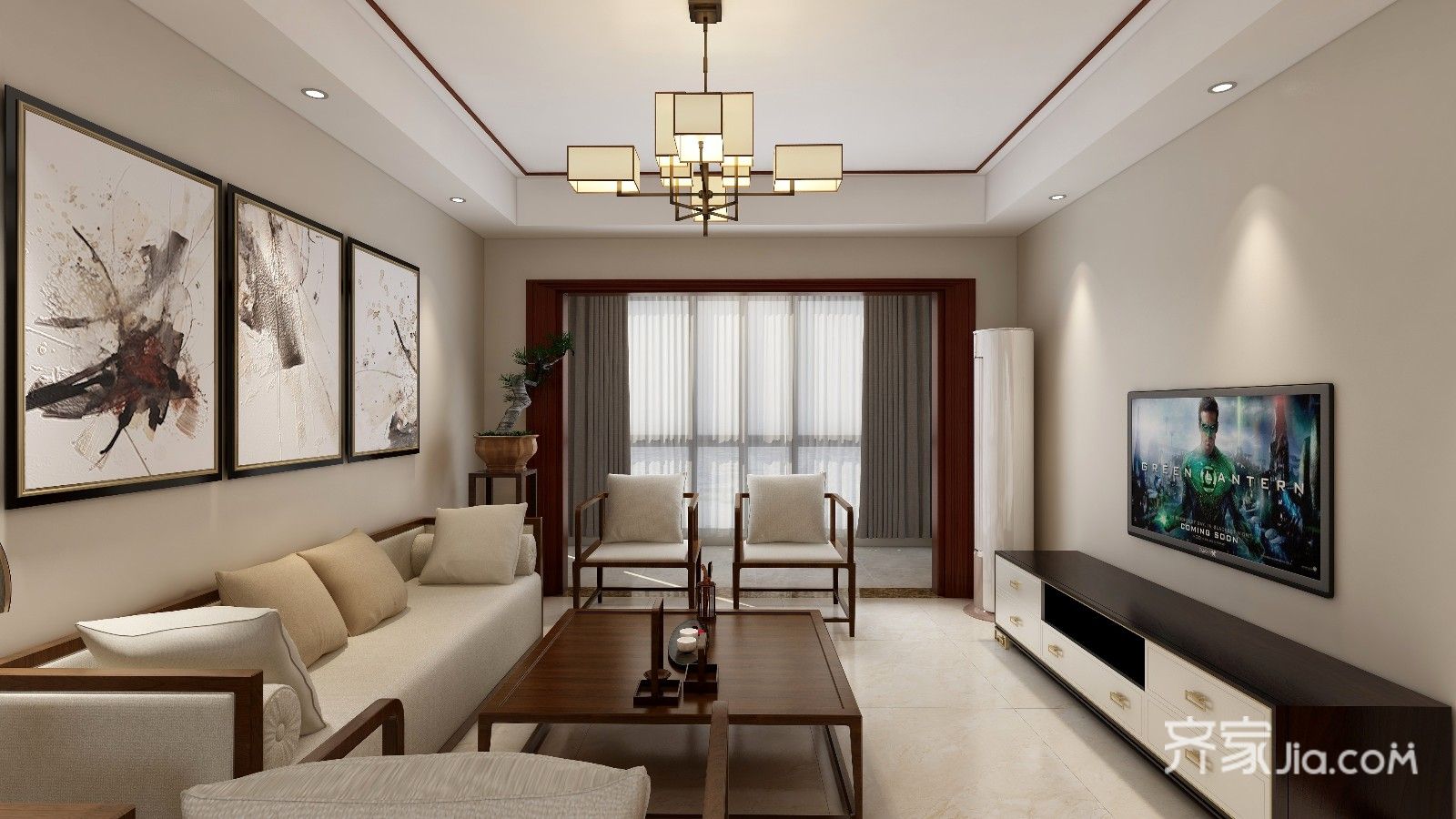 91中式两房装修效果图,新中式风格装修案例效果图-齐家网