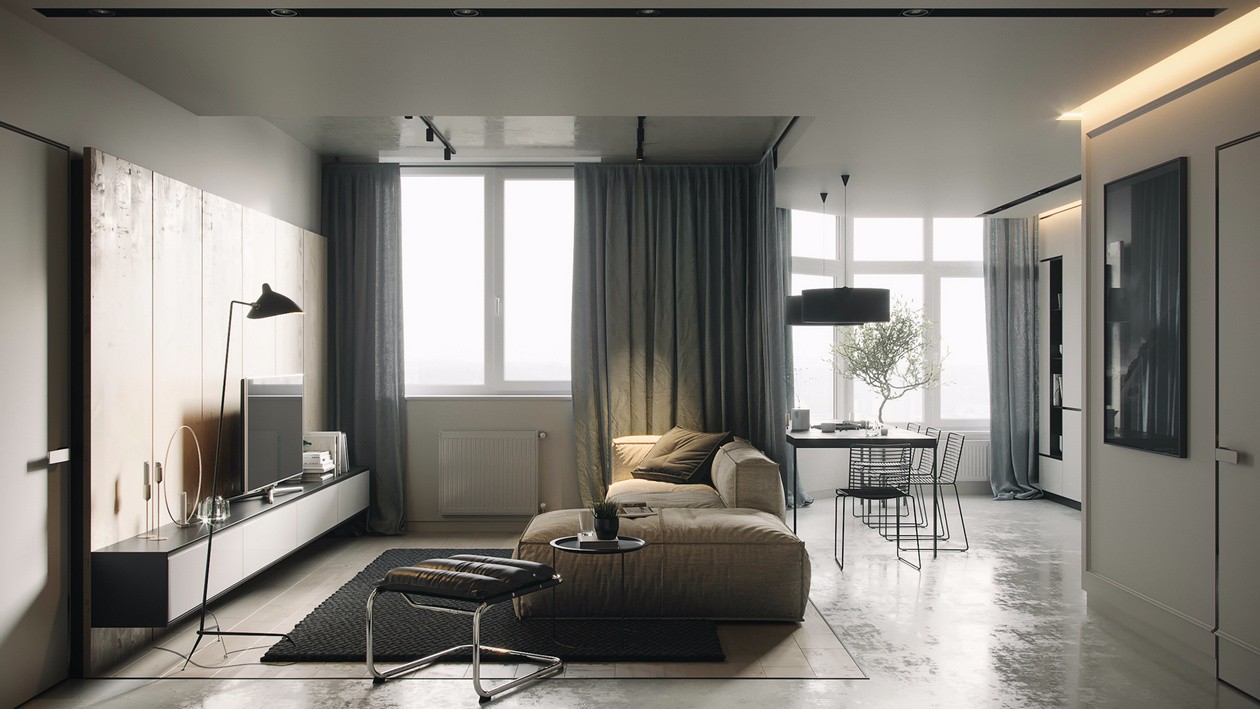 l型的窗帘聪明的将客厅与餐厅完美隔断