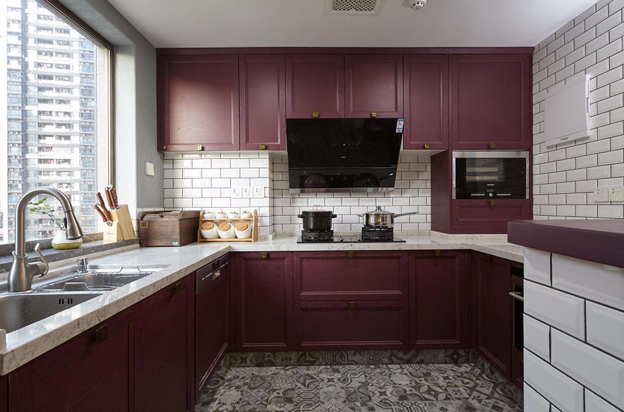 三居室装修,110平米装修,15-20万装修,混搭风格,橱柜,紫色