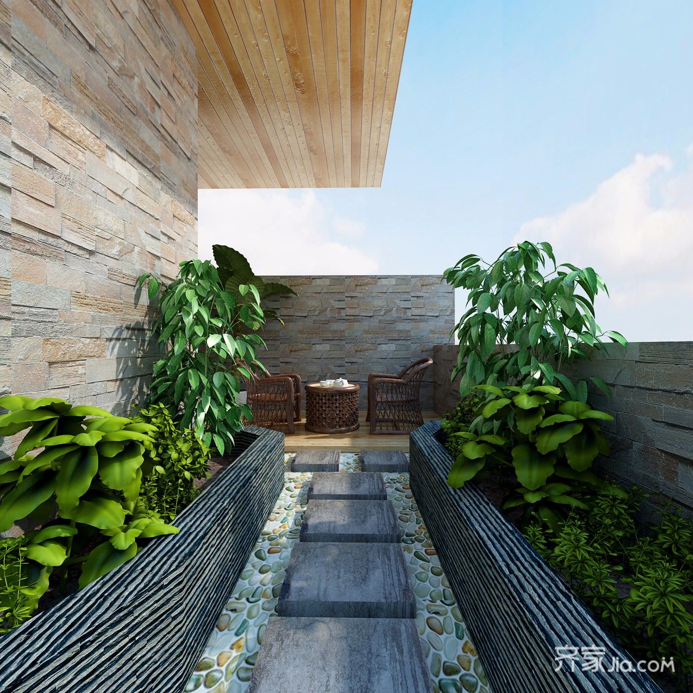 在主卧室的阳台上设计了一个花池让家里也充满自然的味道