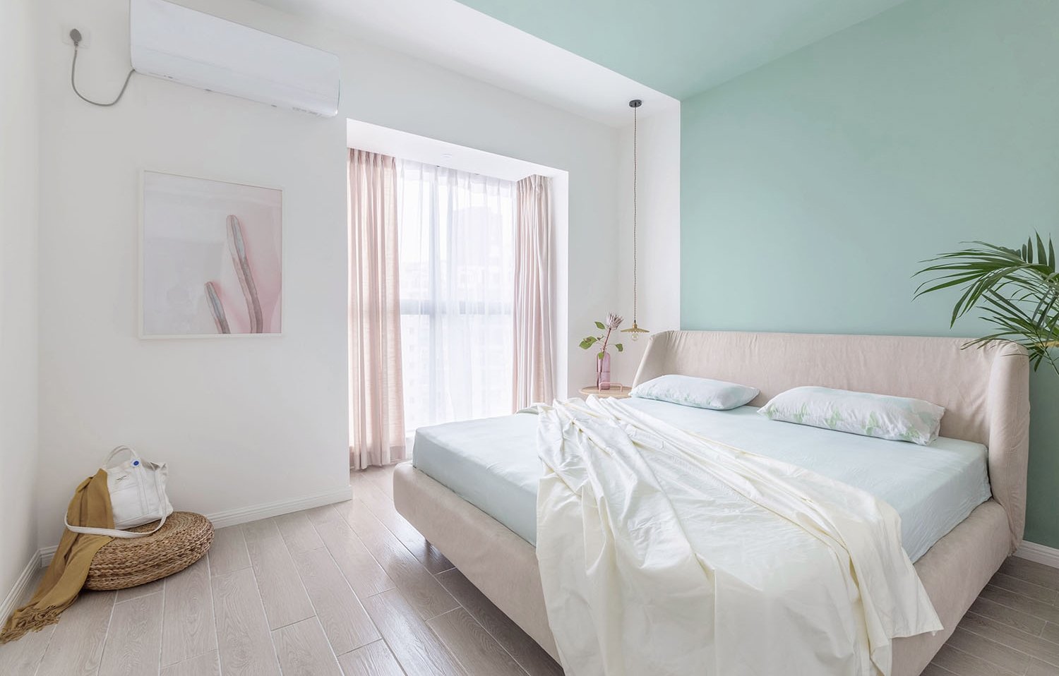 公寓装修,90平米装修,北欧风格,10-15万装修,卧室背景墙,白色,绿色