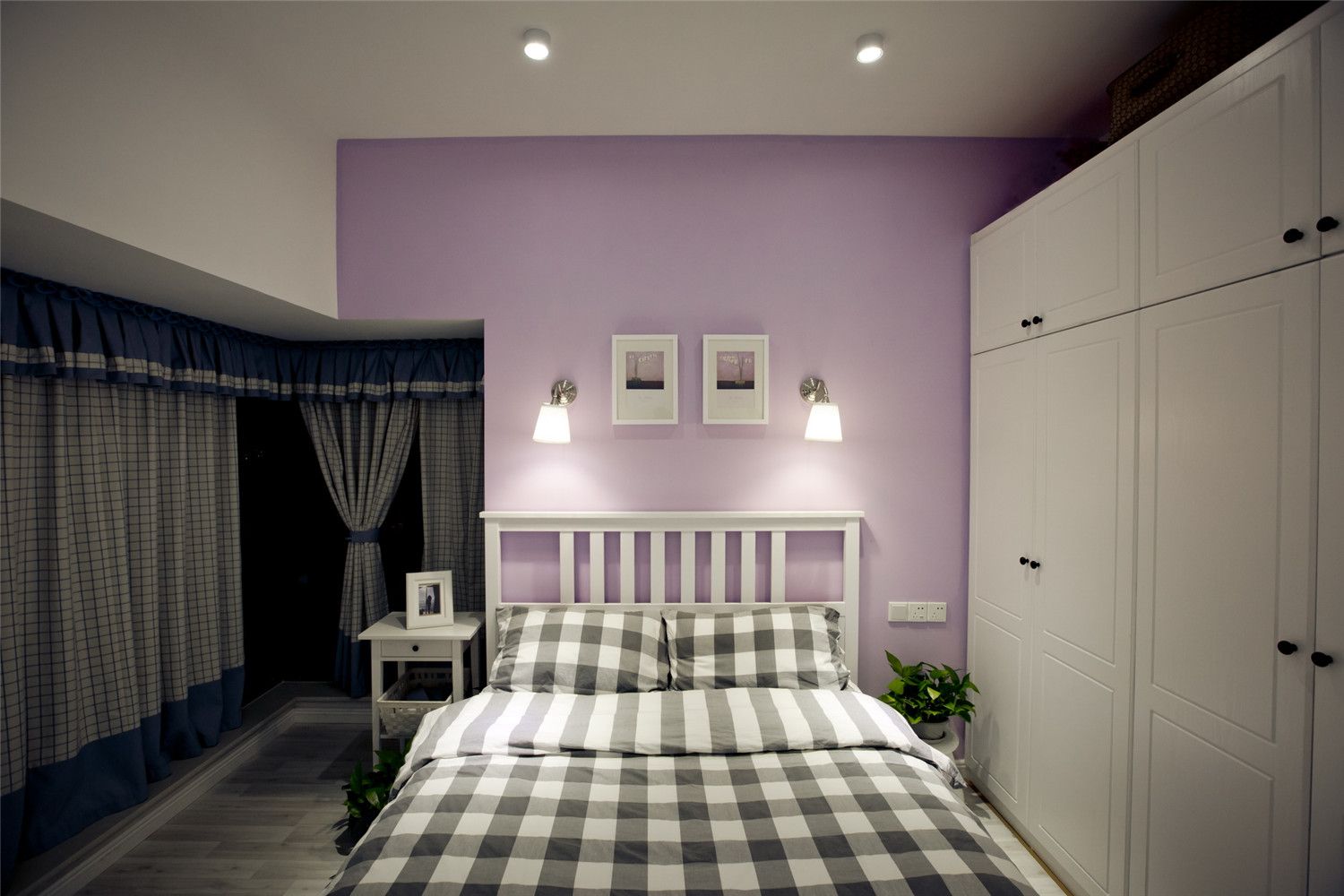 80平米装修,5-10万装修,二居室装修,北欧风格,卧室背景墙,紫色