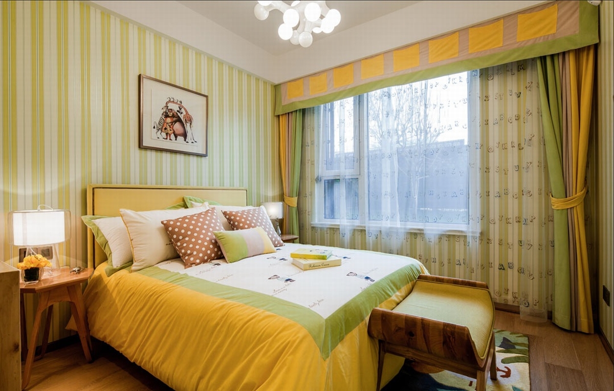 140平米以上装修,10-15万装修,现代简约风格,三居室装修,绿色,条纹,窗帘,黄色