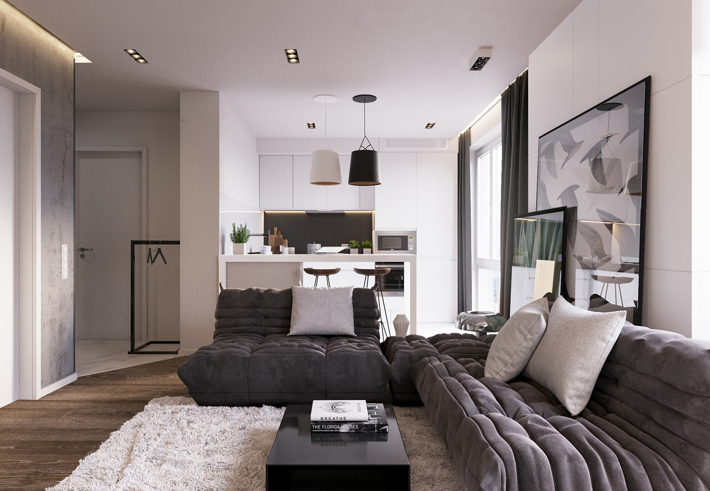 公寓装修,60平米装修,15-20万装修,现代简约风格,沙发,白色,灰色
