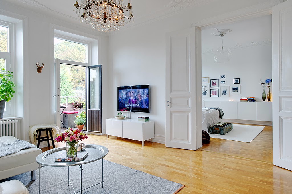 白色简约北欧风公寓电视背景墙装修效果图