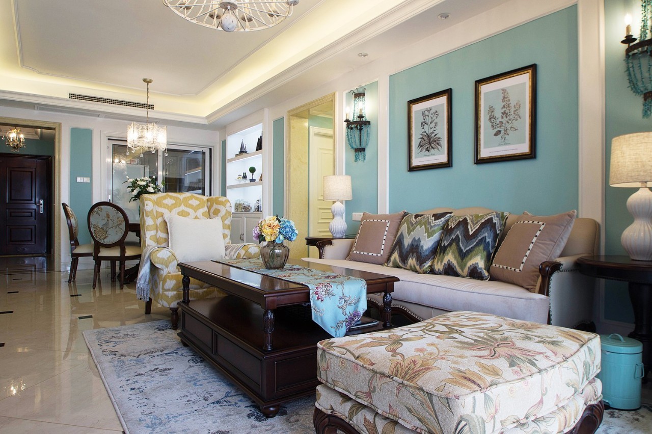 120平米装修,四房装修,10-15万装修,美式风格,沙发背景墙,蓝色