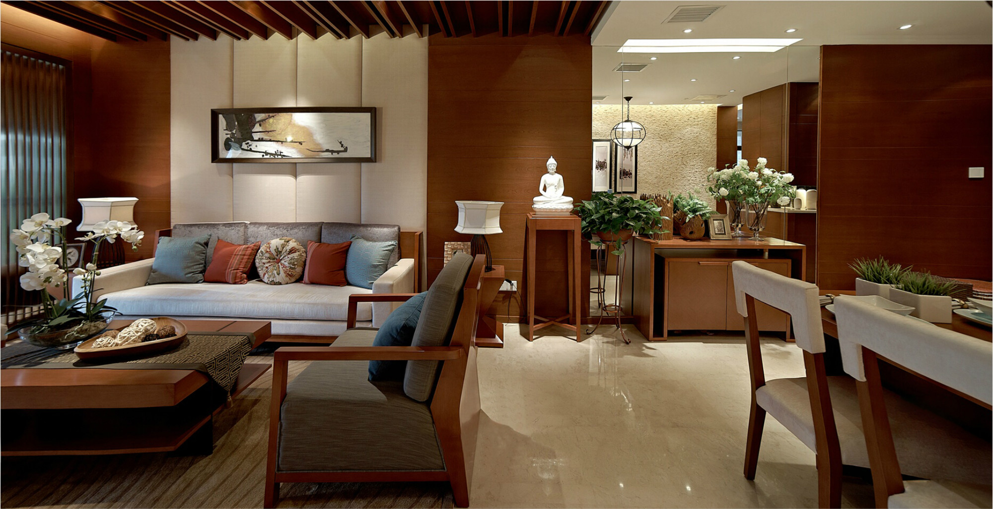 120平米装修,三居室装修,15-20万装修,东南亚风格,沙发背景墙