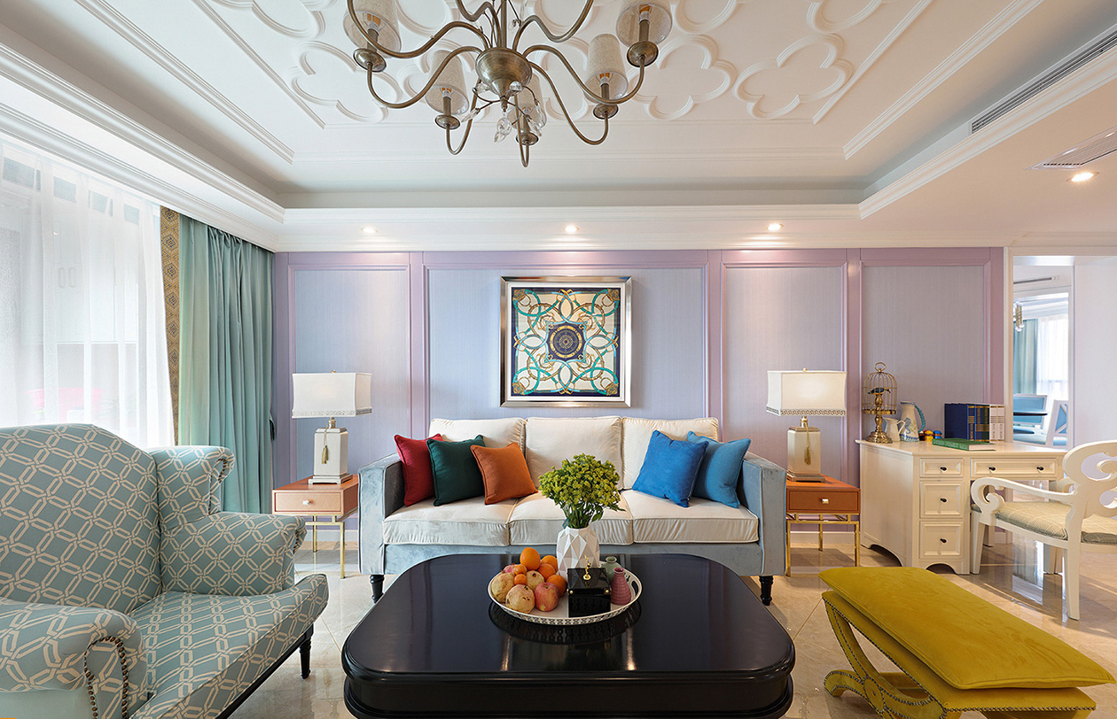大户型,140平米以上装修,20万以上装修,法式风格,客厅,沙发,紫色
