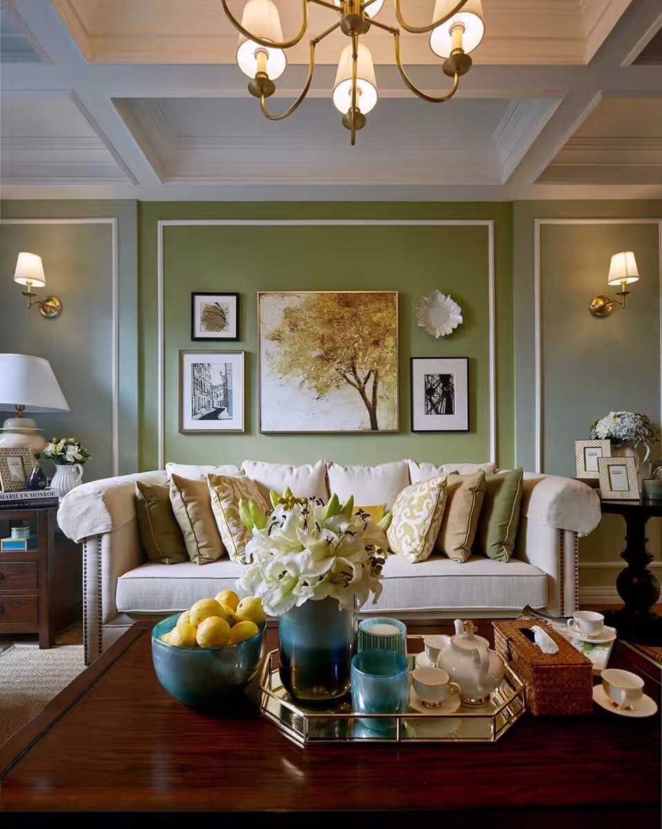 二居室装修,90平米装修,10-15万装修,美式风格,客厅,绿色