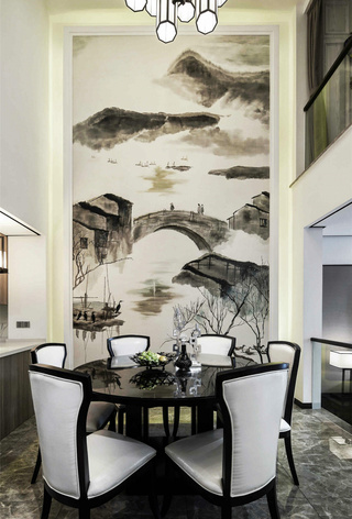新中式风格别墅餐厅背景墙装修效果图