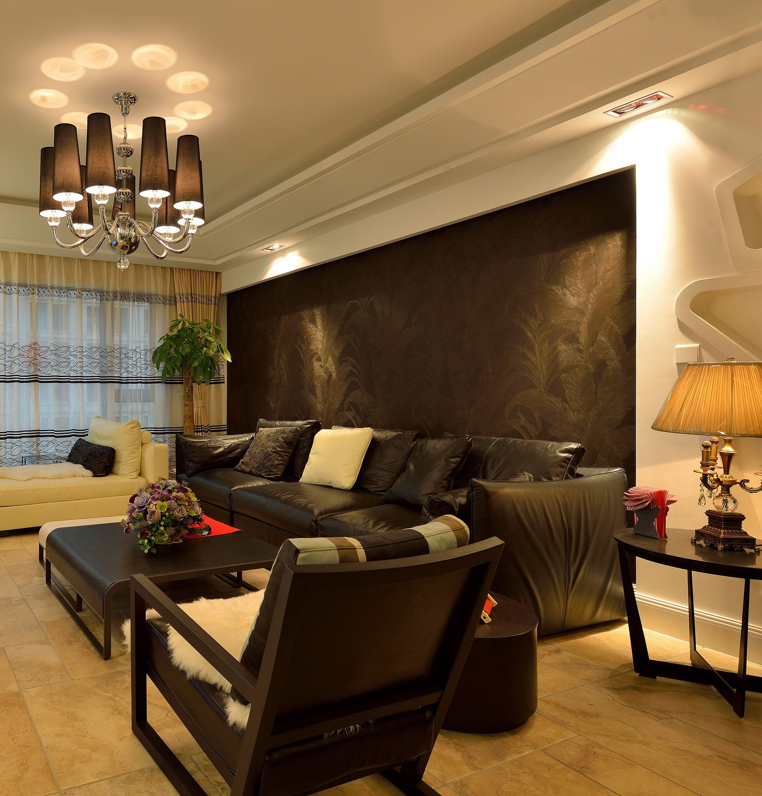 三居室装修,140平米以上装修,15-20万装修,混搭风格,客厅,沙发,黑色