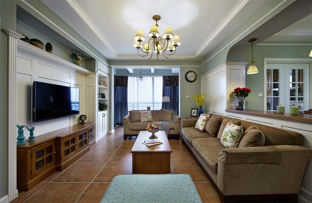 130平米装修,三居室装修,美式风格,15-20万装修,绿色,电视背景墙