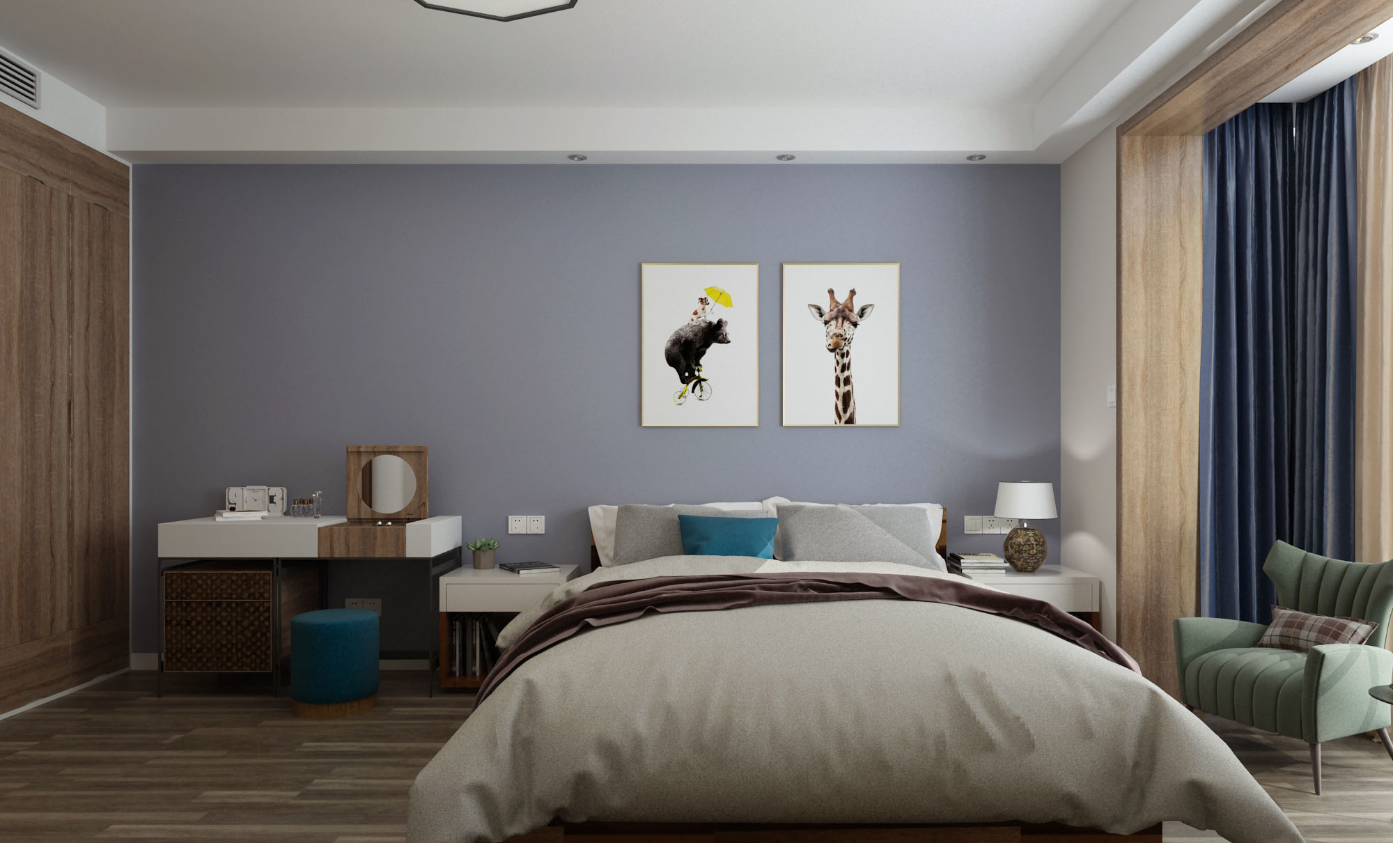 120平现代简约三居卧室背景墙装修效果图
