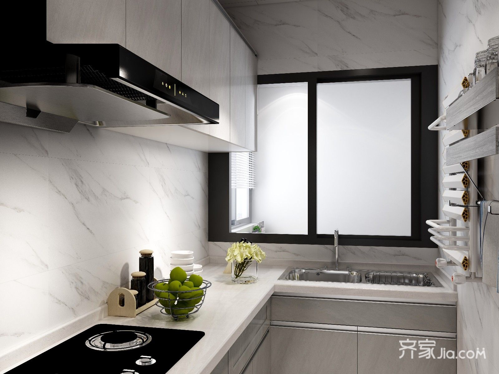 厨房大面积用干净的爵士白图案瓷砖搭配同色系橱柜,整体干净整洁