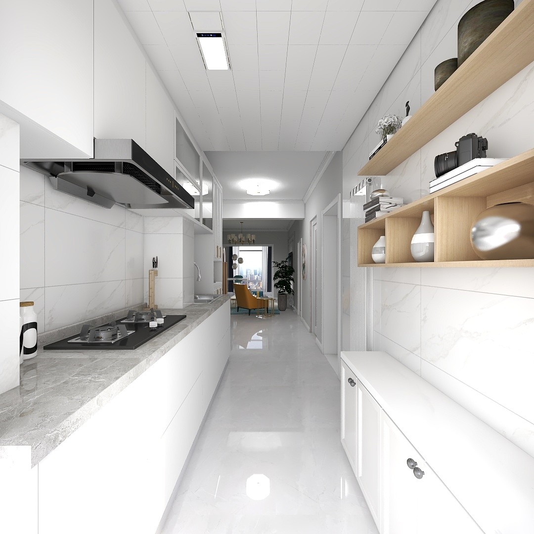 厨房双一字型,白色的柜体与墙地面简单搭配