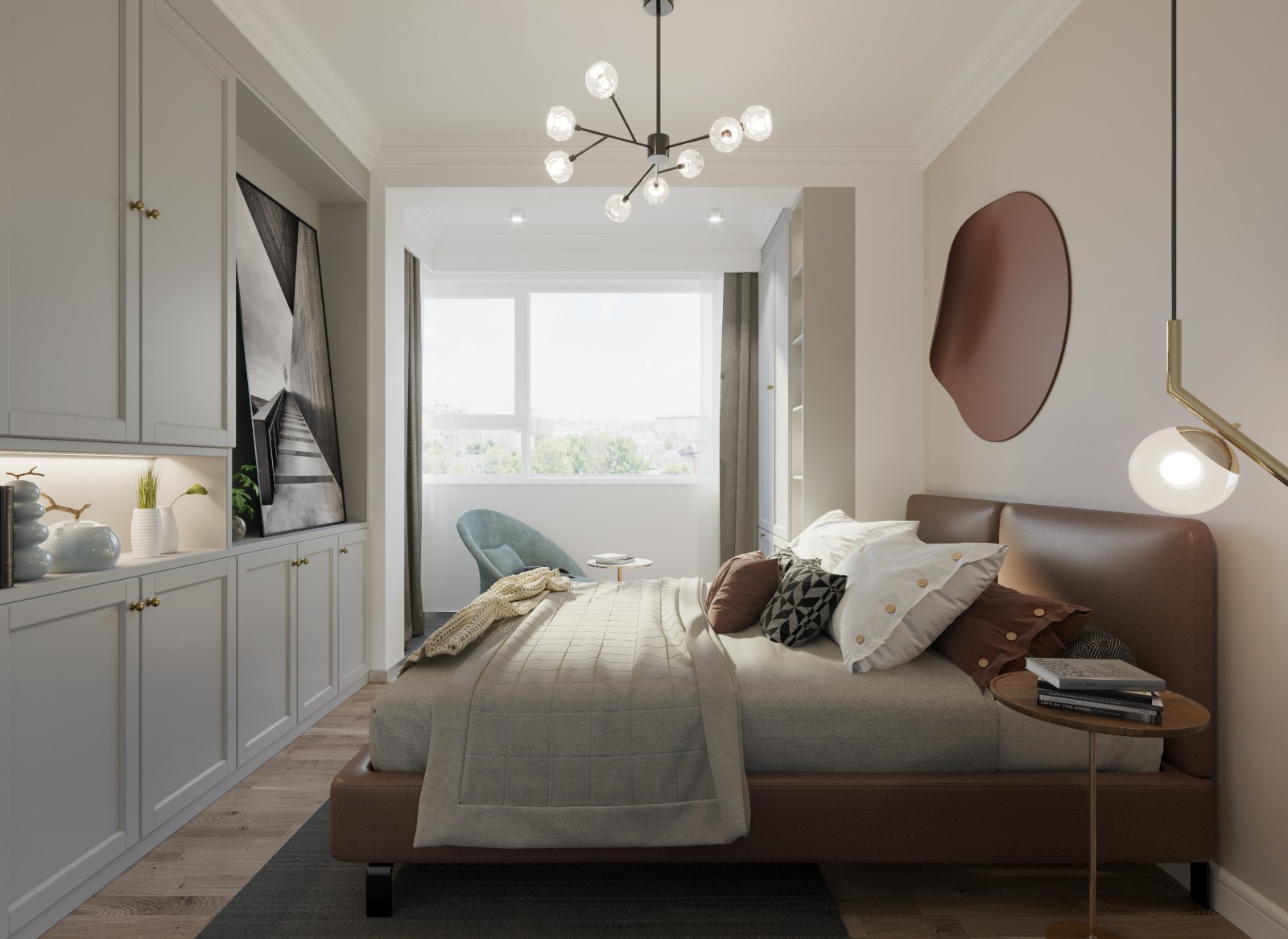 主卧与阳台打通,空间感大一些,主卧整面墙的壁柜设计,搭配衣柜,房间