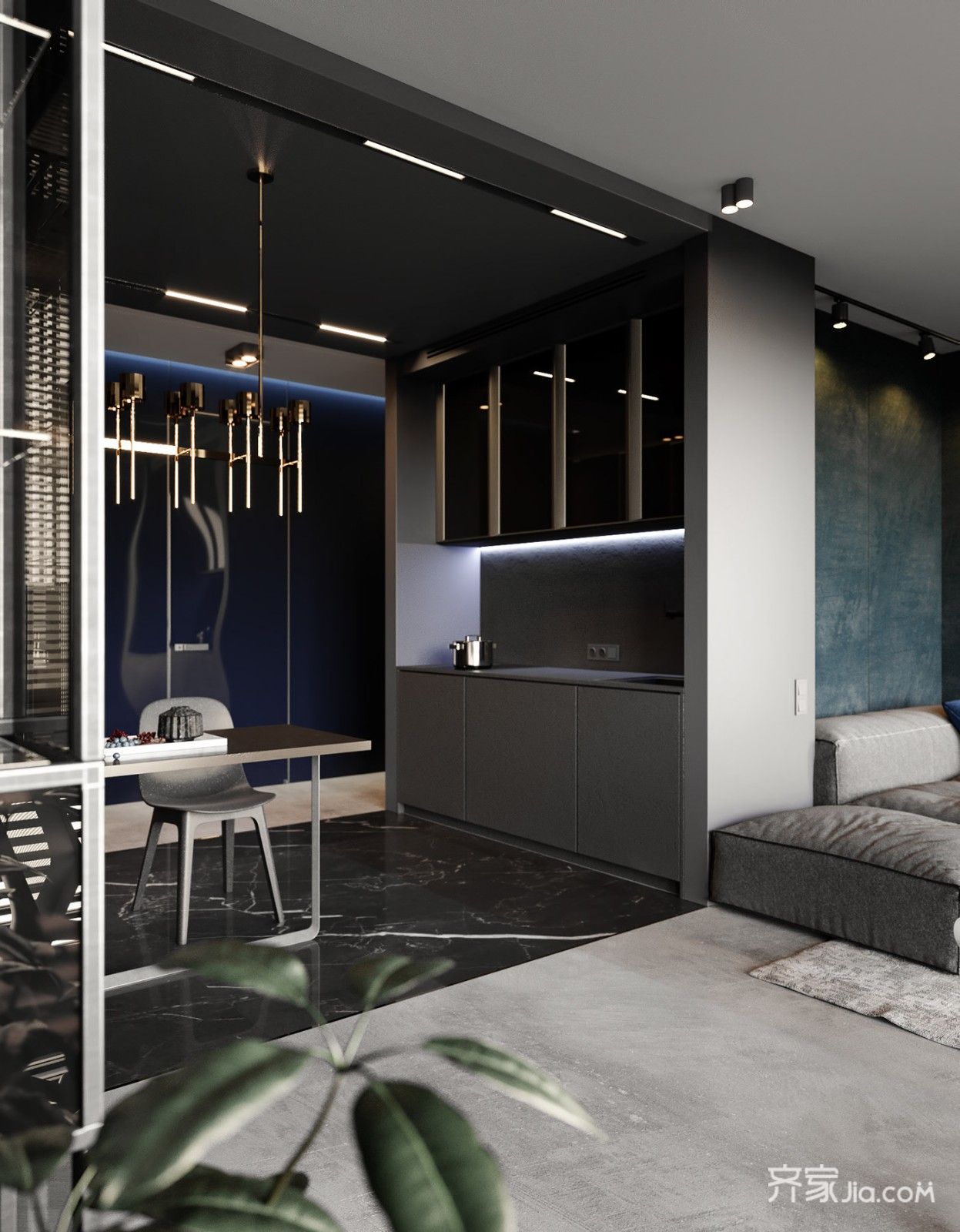 71现代两房装修效果图,高级黑 白搭的生活居所装修案例效果图-齐家