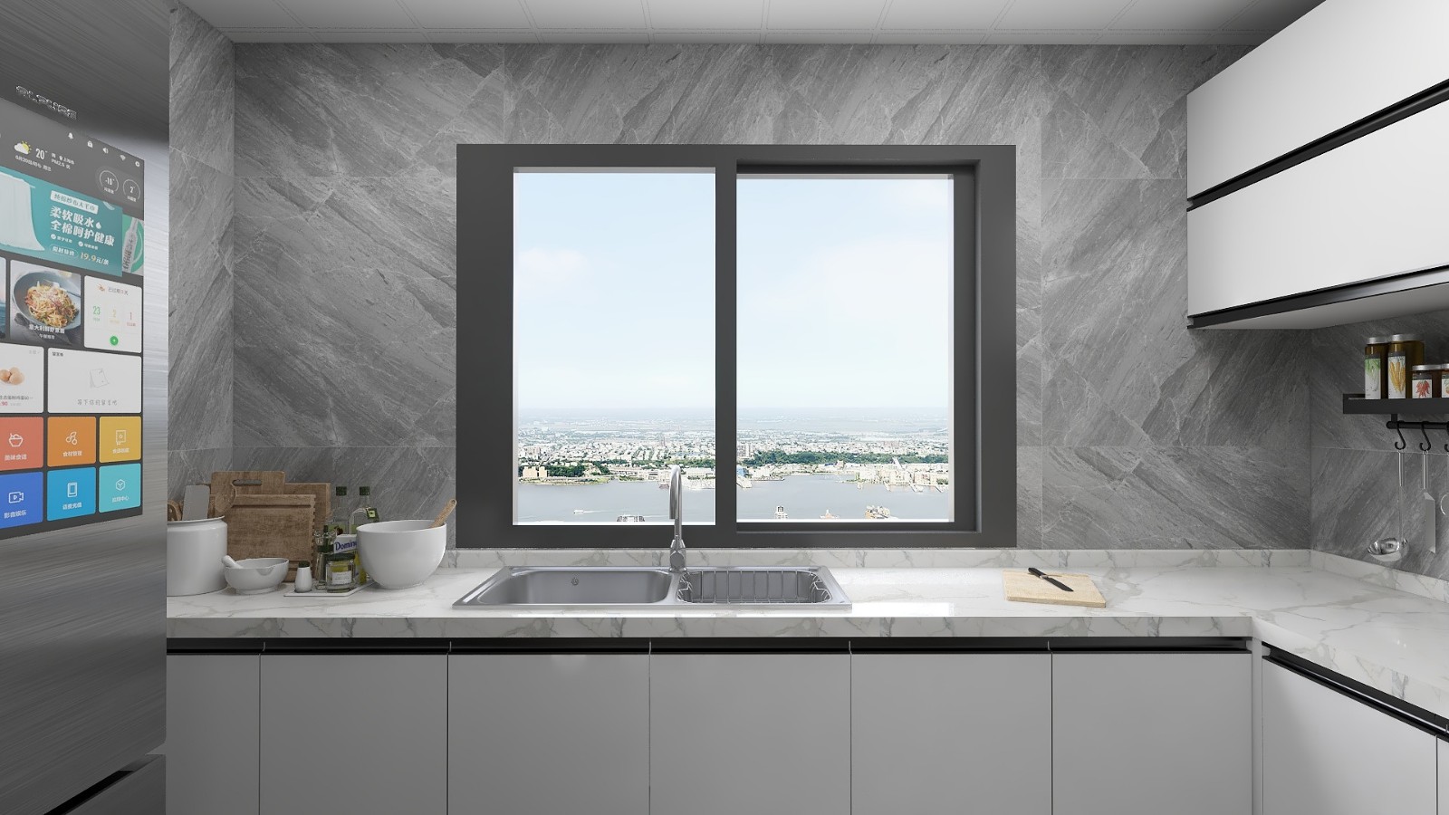 厨房墙面铺贴灰色系的墙砖,然后橱柜为白色,再加上黑框玻璃窗