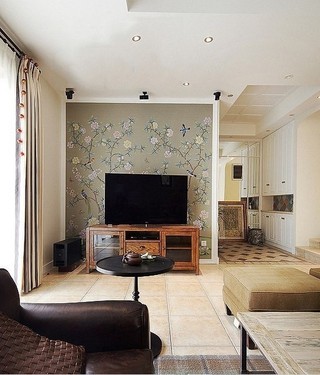 美式风格复式客厅电视背景墙壁纸装饰欣赏图