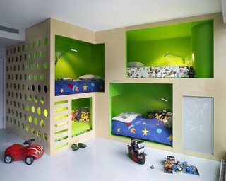 现代美式 四胞胎儿童房创意床设计
