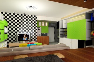 创意混搭客厅 黑白瓷砖背景墙设计
