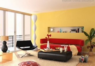 现代简约风客厅 暖黄色背景墙效果图