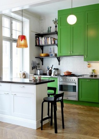 清爽混搭风厨房 绿色橱柜效果图