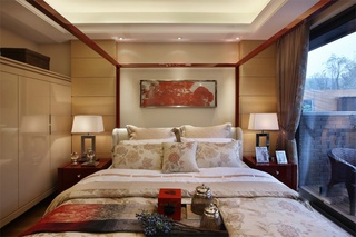 优雅现代新中式婚房 床头背景墙设计