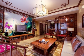 高贵典雅中式客厅 荷花电视背景墙设计