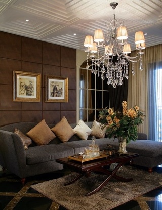 奢华欧式客厅 咖色系背景墙设计