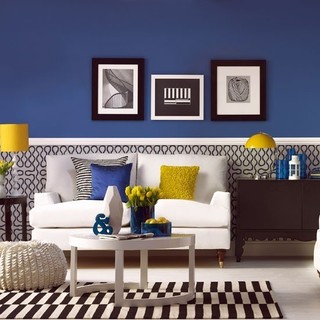 时尚简欧风客厅 宝蓝色沙发背景墙设计
