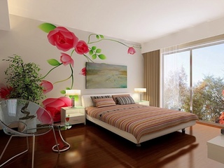 浪漫新中式家居卧室 手绘背景墙设计
