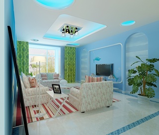 蓝色地中海风情客厅 电视背景墙设计