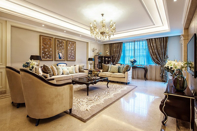 奢华时尚欧式客厅 长方形吊顶精装修5/6