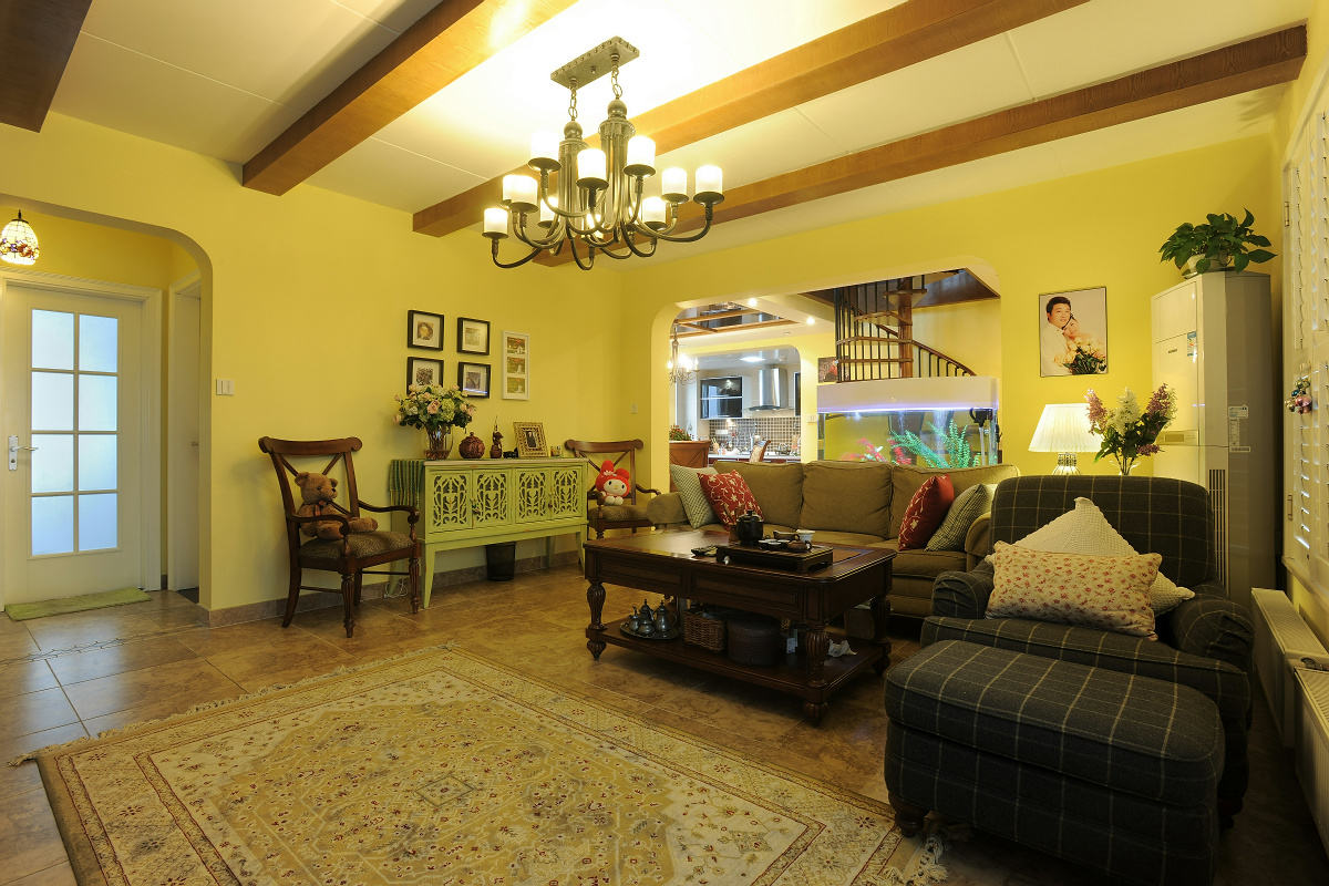 客厅,背景墙,吊顶,隔断,其它,美式,田园,白色,黄色,红色,绿色,咖啡色
