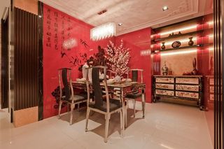 时尚大气现代中式混搭餐厅红色背景墙装饰效果图