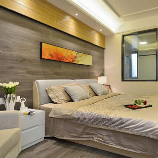 精致时尚现代卧室实木背景墙装饰效果图